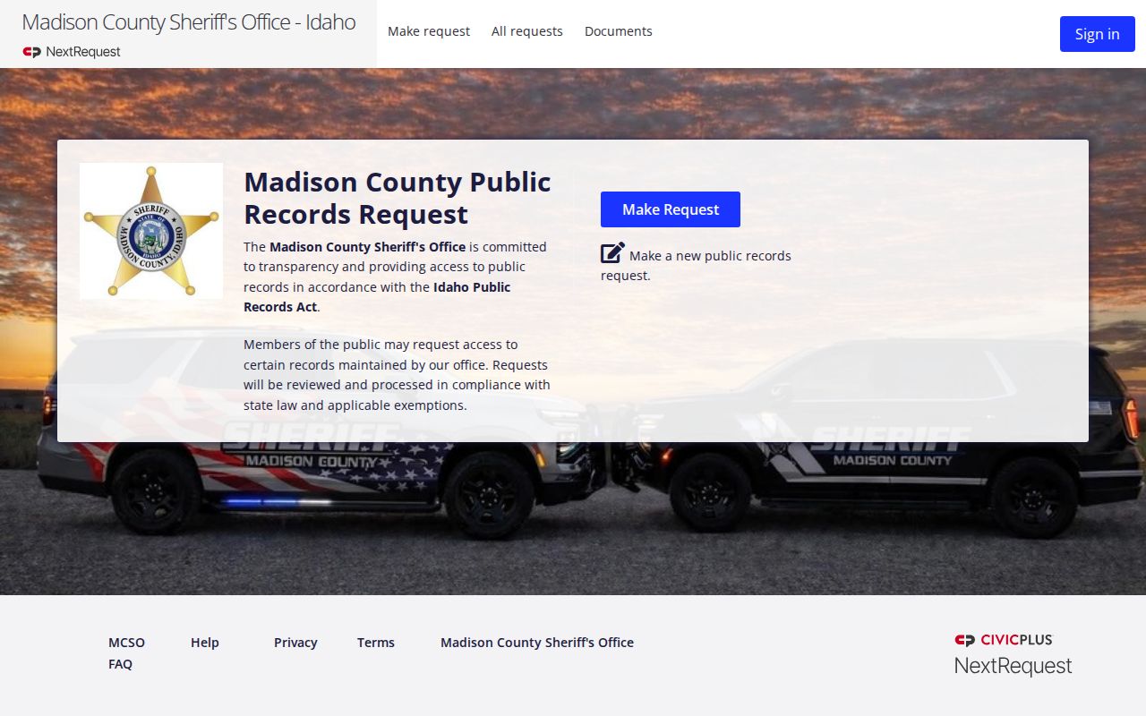 Madison County released inmate mugshot and booking photo records request interface